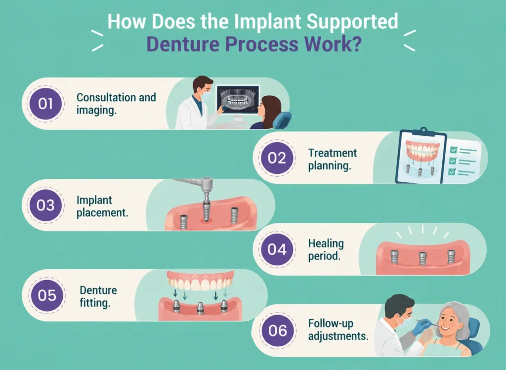 Six-step implant supported denture process: consultation and imaging, treatment planning, implant placement, healing, denture fitting, and follow-up